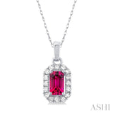 5x3 MM Octagonal Shape Pink Tourmaline and 1/20 Ctw Single Cut Diamond Halo Semi-Precious Pendant with Chain in 14K White Gold