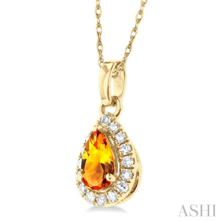 5x3 MM Pear Shape Citrine and 1/20 Ctw Single Cut Diamond Halo Semi-Precious Pendant with Chain in 14K Yellow Gold