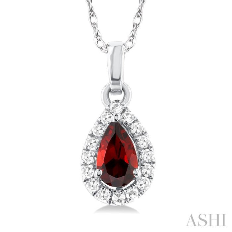 5x3 MM Pear Shape Garnet and 1/20 Ctw Single Cut Diamond Halo Semi-Precious Pendant with Chain in 14K White Gold