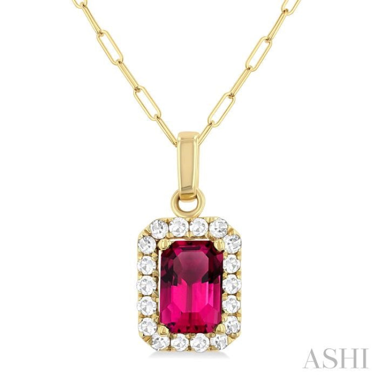 6x4 MM Octagonal Shape Pink Tourmaline and 1/6 Ctw Round Cut Diamond Halo Semi-Precious Pendant with Chain in 14K Yellow Gold