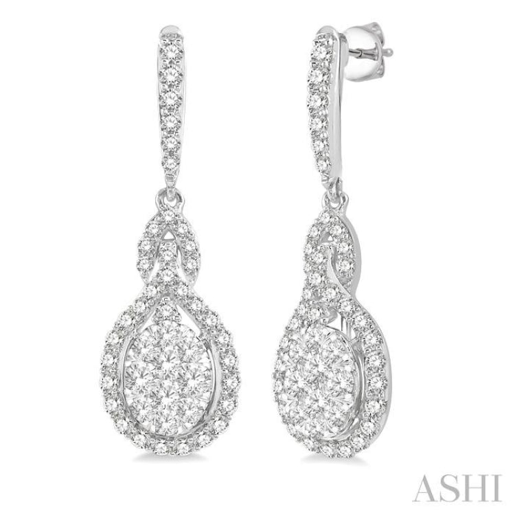 1 1/4 Ctw Oval Shape Dangling Lovebright Round Cut Diamond Earring in 14K White Gold