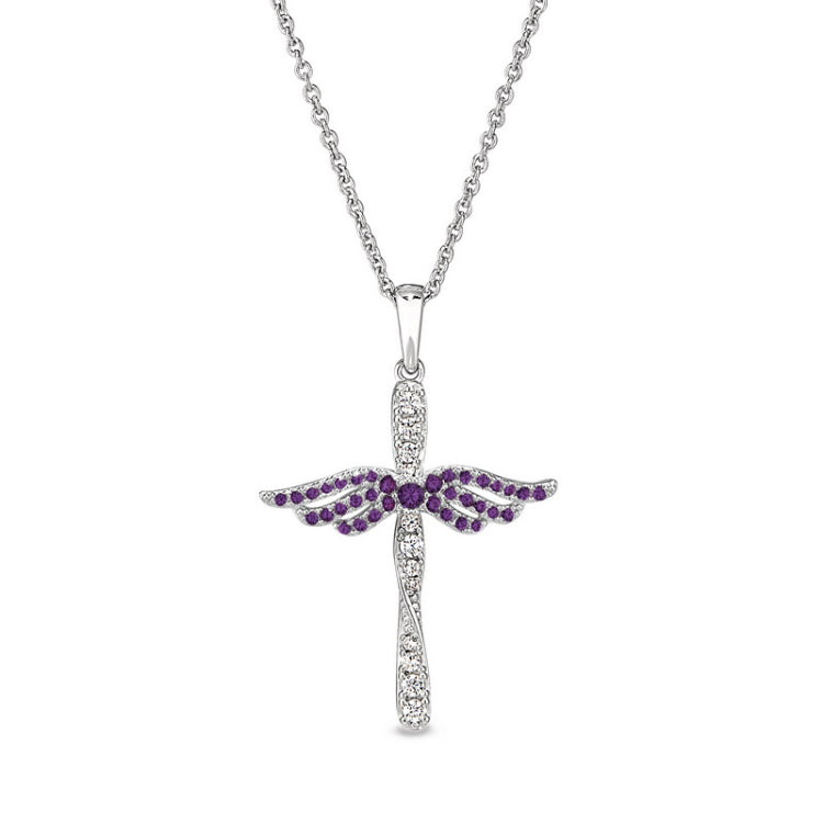 Platinum finish sterling silver micropave angel wings cross with simulated amethyst & diamonds on 16 - 18 adjustable chain