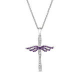 Platinum finish sterling silver micropave angel wings cross with simulated amethyst & diamonds on 16 - 18 adjustable chain