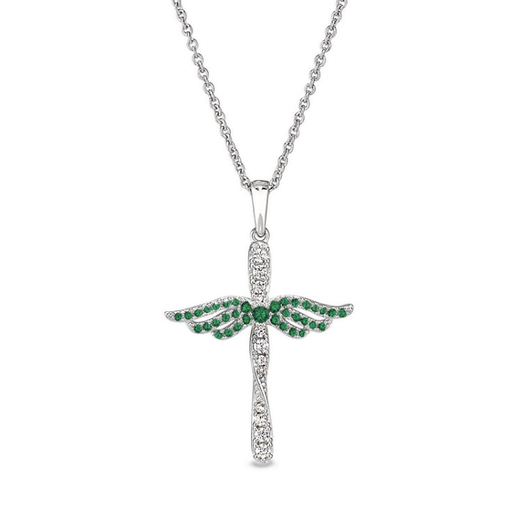 Platinum finish sterling silver micropave angel wings cross with simulated emeralds & diamonds on 16 - 18 adjustable chain