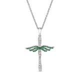 Platinum finish sterling silver micropave angel wings cross with simulated emeralds & diamonds on 16 - 18 adjustable chain
