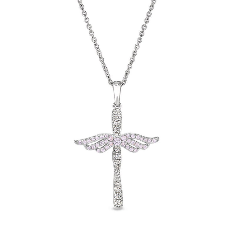 Platinum finish sterling silver micropave angel wings cross with simulated light amethyst & diamonds on 16 - 18 adjustable