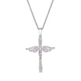 Platinum finish sterling silver micropave angel wings cross with simulated light amethyst & diamonds on 16 - 18 adjustable
