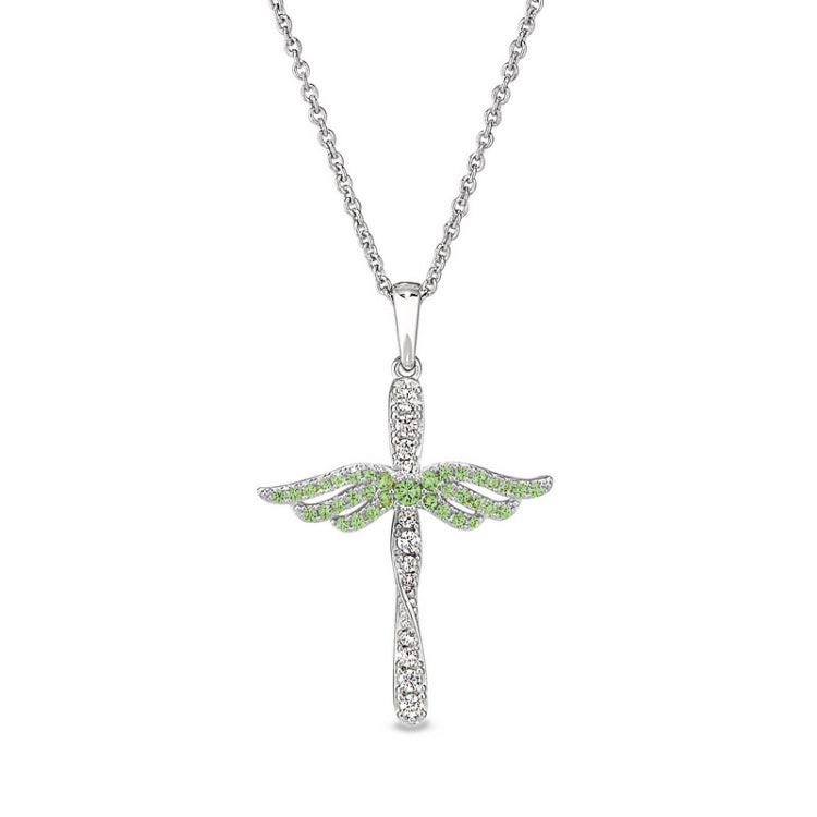 Platinum finish sterling silver micropave angel wings cross with simulated peridot & diamonds on 16 - 18 adjustable chain