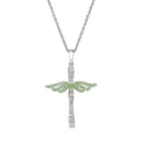 Platinum finish sterling silver micropave angel wings cross with simulated peridot & diamonds on 16 - 18 adjustable chain