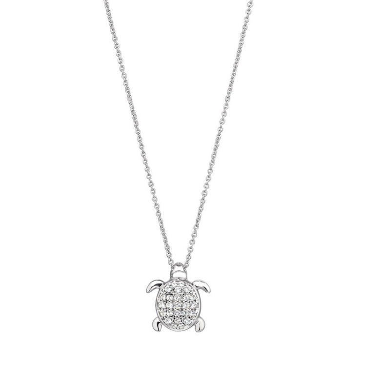 Platinum finish sterling silver micropave turtle pendant with green aqua nano stones on 16 - 18 adjustable chain