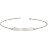 Rhodium finish sterling silver cable cuff bracelet with name plate and simulated pink sapphire birth gems - october