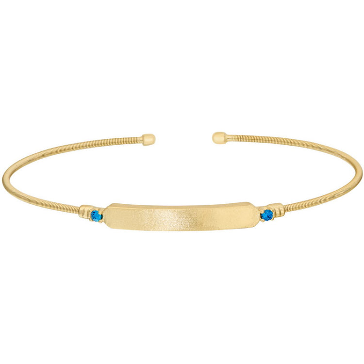 Gold finish sterling silver cable cuff bracelet with name plate and simulated blue zircon birth gems - december