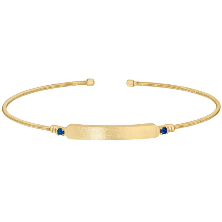 Gold finish sterling silver cable cuff bracelet with name plate and simulated blue sapphire birth gems - september