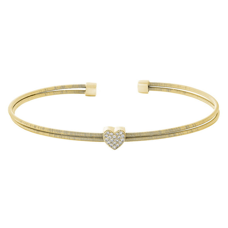 Gold finish sterling silver two cable cuff bracelet with simulated diamond heart