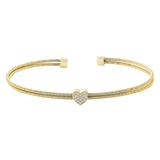 Gold finish sterling silver two cable cuff bracelet with simulated diamond heart