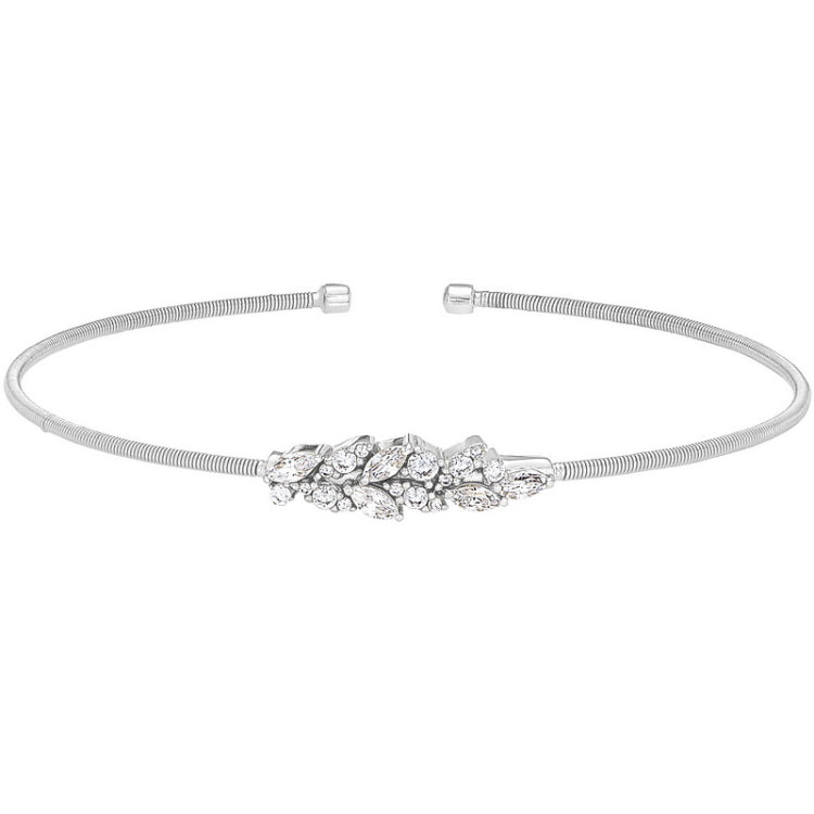 Rhodium finish sterling silver cable cuff bracelet with simulated diamond leaf pattern