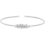 Rhodium finish sterling silver cable cuff bracelet with simulated diamond leaf pattern