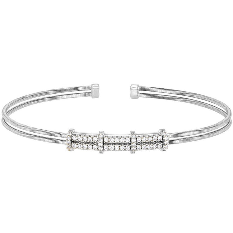 Rhodium finish sterling silver two cable cuff bracelet with two row simulated diamond pattern