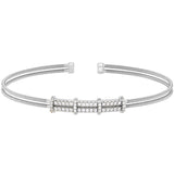 Rhodium finish sterling silver two cable cuff bracelet with two row simulated diamond pattern