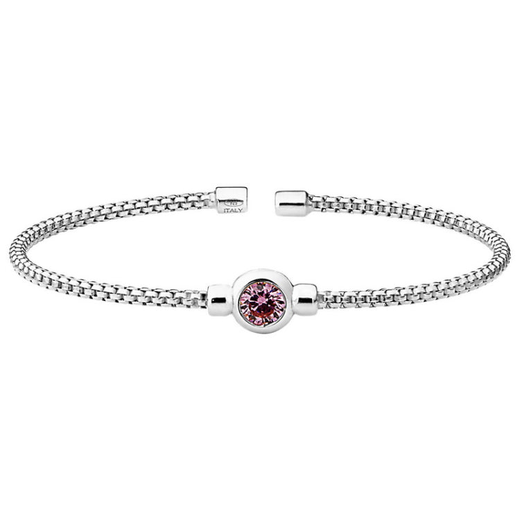 Rhodium finish sterling silver rounded box link cuff bracelet with bezel set simulated pink sapphire birth gem