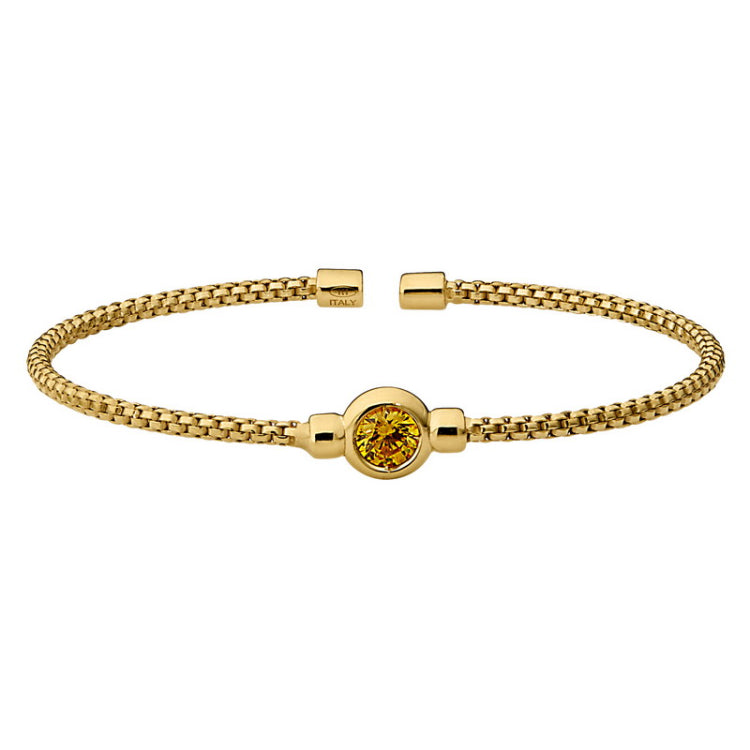 Gold finish sterling silver rounded box link cuff bracelet with bezel set simulated citrine birth gem