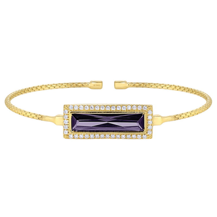 Gold finish sterling silver cable cuff bracelet with rectangular simulated amethyst stone and simulated diamonds