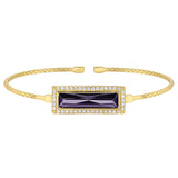 Gold finish sterling silver cable cuff bracelet with rectangular simulated amethyst stone and simulated diamonds
