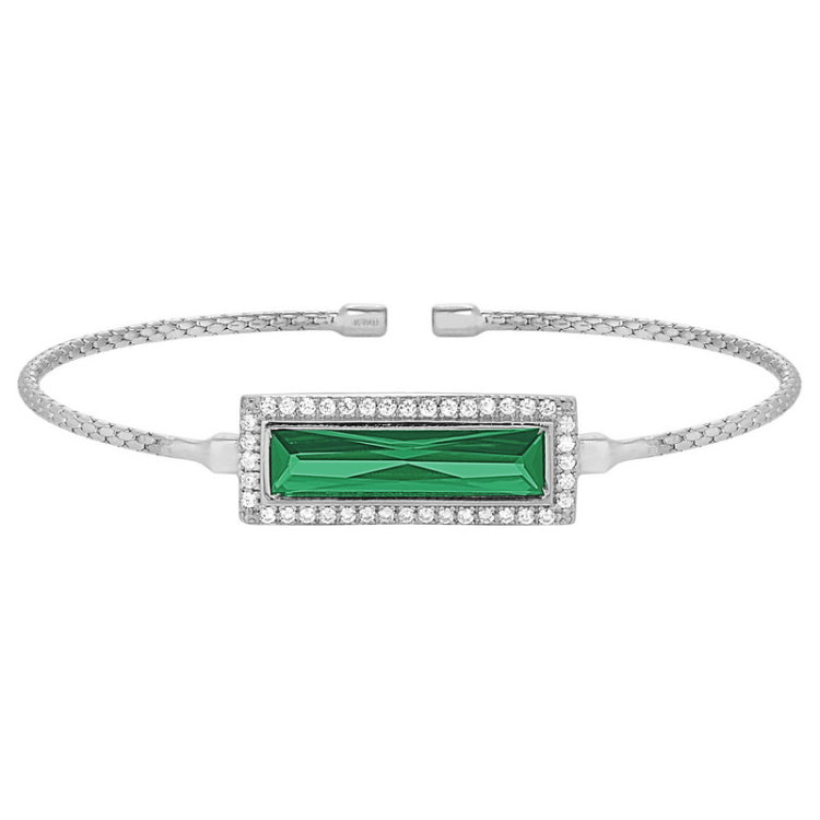 Rhodium finish sterling silver cable cuff bracelet with rectangular simulated emerald stone and simulated diamonds