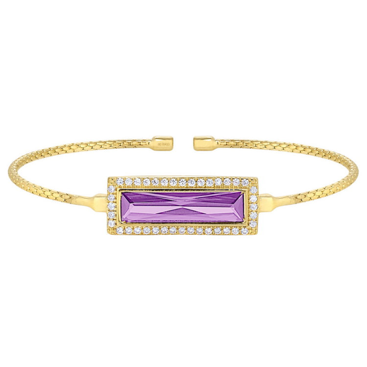 Gold finish sterling silver cable cuff bracelet with rectangular simulated light amethyst stone and simulated diamonds