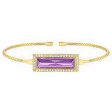 Gold finish sterling silver cable cuff bracelet with rectangular simulated light amethyst stone and simulated diamonds