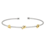 Rhodium finish sterling silver corean cable cuff bracelet with 3 gold finish knots with simulated diamonds on the center kno