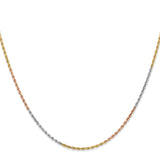 14K Tri-colored 18 inch 1.5mm Diamond-cut Rope with Lobster Clasp Chain