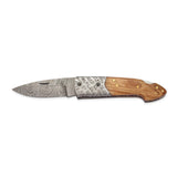 Luxury Giftware Damascus Steel 256 Layer Olive Wood Handle Folding Blade Knife with Leather Sheath and Wooden Gift Box
