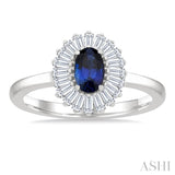 6X4 MM Oval Cut Sapphire and 1/3 Ctw Baguette Cut Diamond Halo Precious Fashion Ring in 14K White Gold