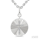 1/10 Ctw Round Fluted Medallion Single Cut Diamond Cross Pendant With Chain in Sterling Silver