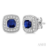 4x4 MM Cushion Shape Sapphire and 1/5 Ctw Round Cut Diamond Earrings in 14K White Gold