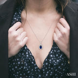 6x4 MM Oval Cut Sapphire and 1/6 ctw Round Cut Diamond Precious Pendant in 14K White Gold with Chain
