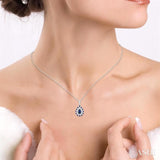 6X4 MM Pear Cut & 1.55 MM Round Cut Sapphire and 1/4 Ctw Round Cut Diamond Floral Precious Pendant With Chain in 14K White Gold