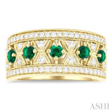 2.8 MM Hexagon Window Emerald and 1/2 Ctw Round Cut Diamond Precious Fashion Band in 14K Yellow Gold