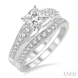 3/4 ctw Diamond Wedding Set with 5/8 ctw Princess Cut Engagement Ring and 1/5 ctw Wedding Band in 14K White Gold