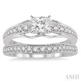 3/4 ctw Diamond Wedding Set with 5/8 ctw Princess Cut Engagement Ring and 1/5 ctw Wedding Band in 14K White Gold