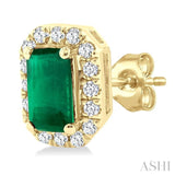5x3 MM Octagonal Shape Emerald and 1/8 Ctw Round Cut Diamond Halo Precious Stud Earrings in 10K Yellow Gold