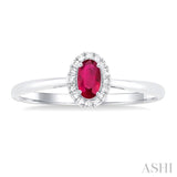 5x3 MM Oval Shape Ruby and 1/20 Ctw Single Cut Diamond Halo Precious Ring in 14K White Gold