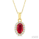 5x3 MM Oval Shape Ruby and 1/20 Ctw Single Cut Diamond Halo Precious Pendant with Chain in 10K Yellow Gold