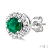 3.25 MM Round Emerald and 1/10 Ctw Single Cut Diamond Halo Precious Stud Earrings in 14K White Gold