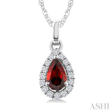 5x3 MM Pear Shape Garnet and 1/20 Ctw Round Cut Diamond Halo Semi-Precious Pendant with Chain in 10K White Gold