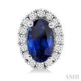 5x3 MM Oval Shape Sapphire and 1/8 Ctw Single Cut Diamond Halo Precious Stud Earrings in 10K White Gold