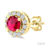 3.25 MM Round Ruby and 1/10 Ctw Single Cut Diamond Halo Precious Stud Earrings in 10K Yellow Gold
