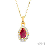 5x3 MM Pear Shape Ruby and 1/20 Ctw Single Cut Diamond Halo Precious Pendant with Chain in 14K Yellow Gold