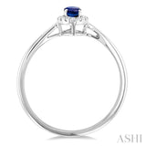 5x3 MM Oval Shape Sapphire and 1/20 Ctw Round Cut Diamond Halo Precious Ring in 10K White Gold